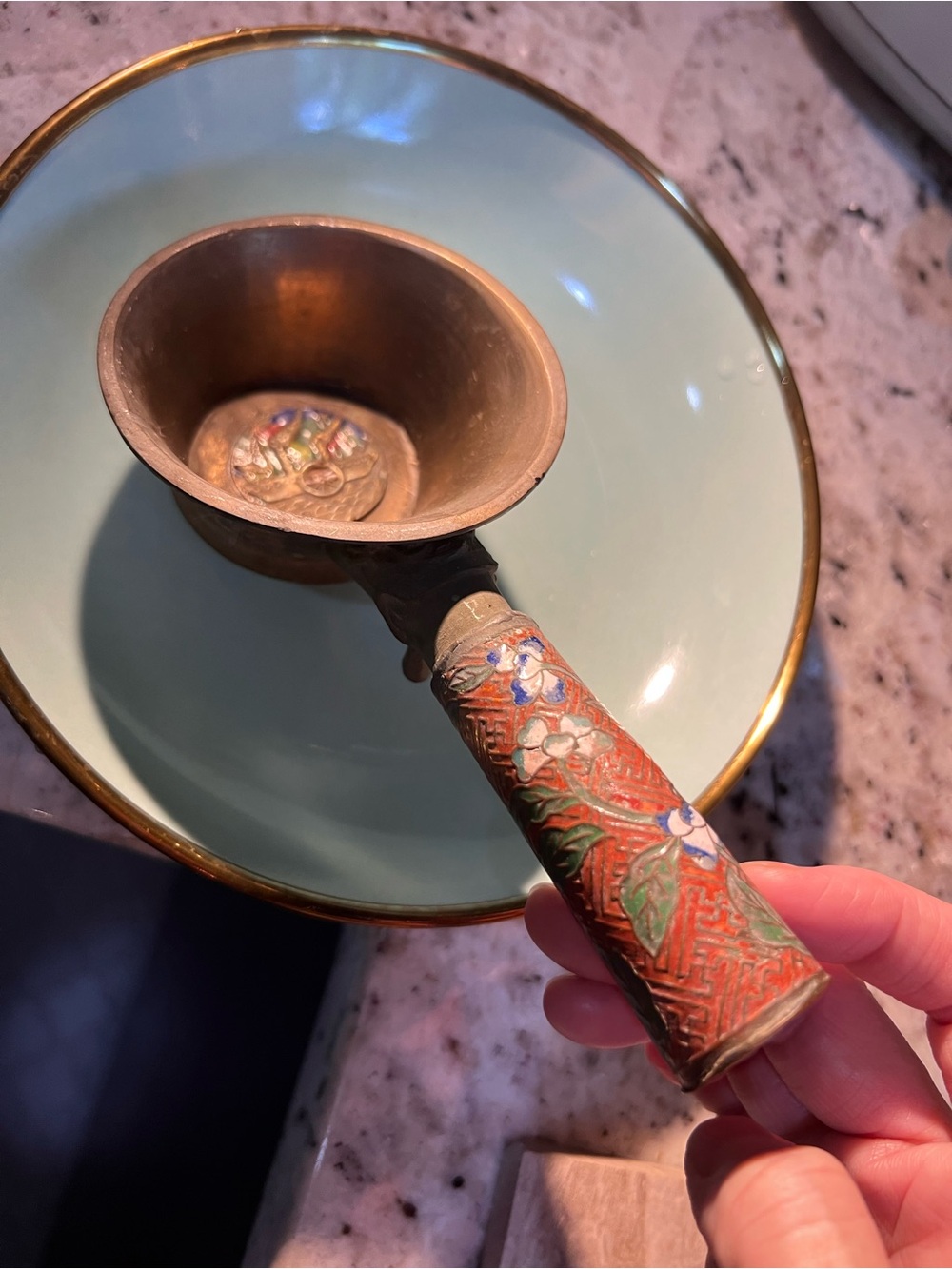 Antique Cloisonné Floral Handle Silk Iron